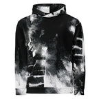 A black and white abstract graphic hoodie with a high collar, kangaroo pocket, and ribbed cuffs and hem, shown against a plain white background.