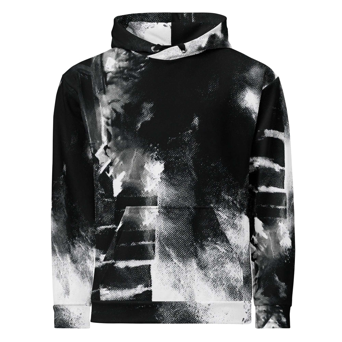 A black and white abstract graphic hoodie with a high collar, kangaroo pocket, and ribbed cuffs and hem, shown against a plain white background.