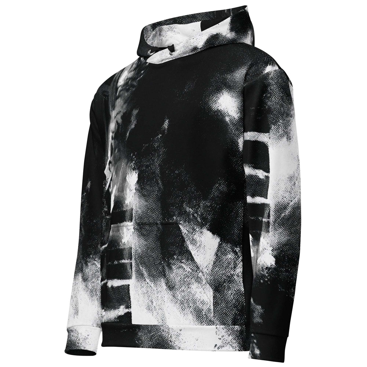 A black and white abstract tie-dye hoodie with a high collar, shown from a three-quarters angle against a plain white background.