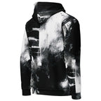 A black and white abstract print hoodie with a distressed, paint-splatter design, shown from a three-quarters angle on a plain white background.