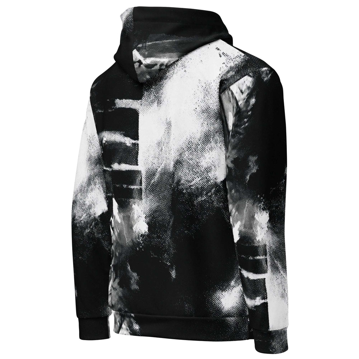 A black and white abstract print hoodie with a distressed, paint-splatter design, shown from a three-quarters angle on a plain white background.