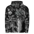 Back view of a men's all-over print hoodie, black and white stipple print running unbroken across shoulders and hood.