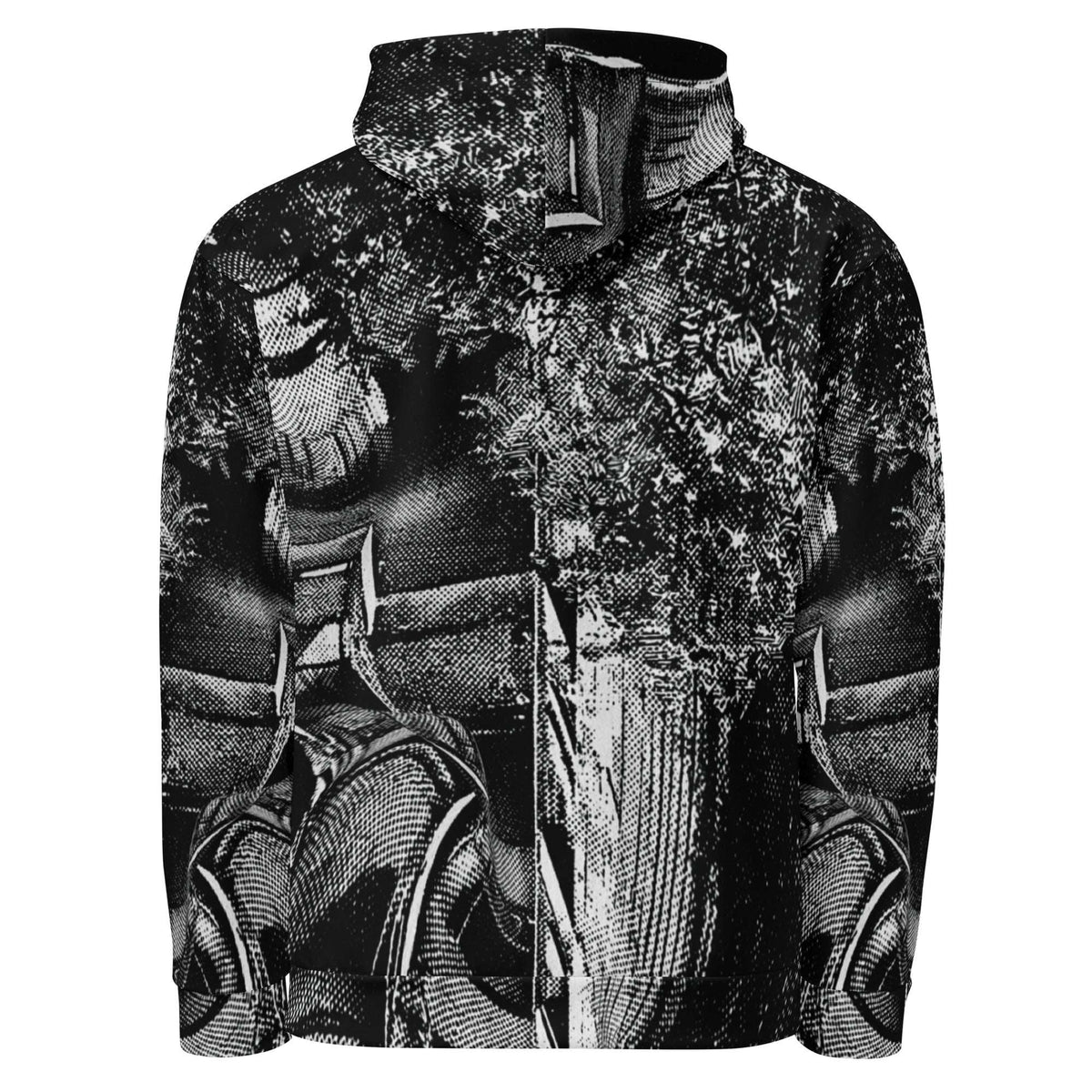 Back view of a men's all-over print hoodie, black and white stipple print running unbroken across shoulders and hood.