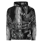 Men's all-over print hoodie by Form Finding Design, front view, black and white stipple print across body and hood.