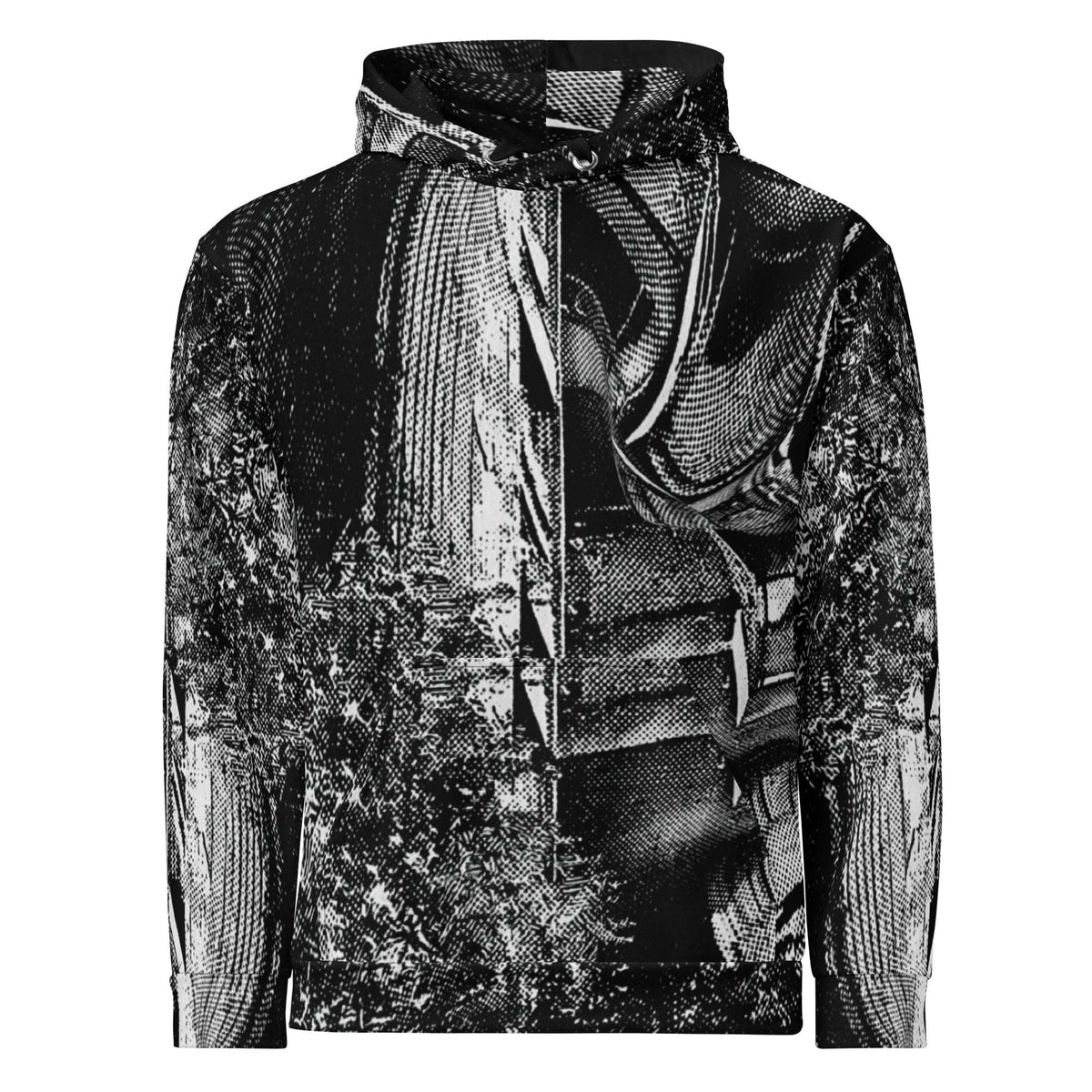 Men's all-over print hoodie by Form Finding Design, front view, black and white stipple print across body and hood.