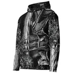 Men's all-over print hoodie, left three-quarter view, black and white stipple print across the chest and sleeve.