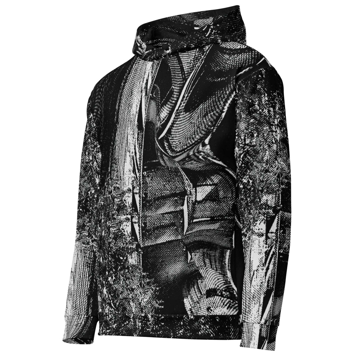Men's all-over print hoodie, left three-quarter view, black and white stipple print across the chest and sleeve.