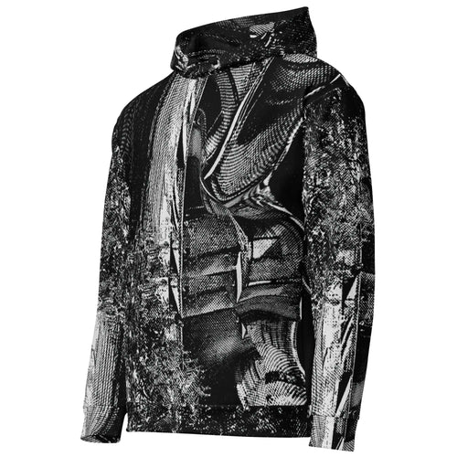 Men's all-over print hoodie, left three-quarter view, black and white stipple print across the chest and sleeve.