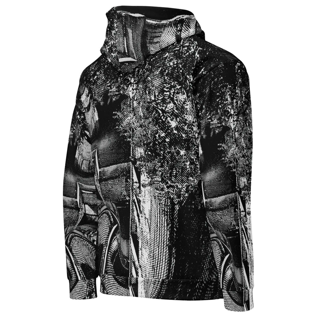 Men's all-over print hoodie, right three-quarter view, stipple print wrapping the sleeve, side seam and cuff.
