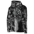 Men's all-over print hoodie, right three-quarter view, stipple print wrapping the sleeve, side seam and cuff.
