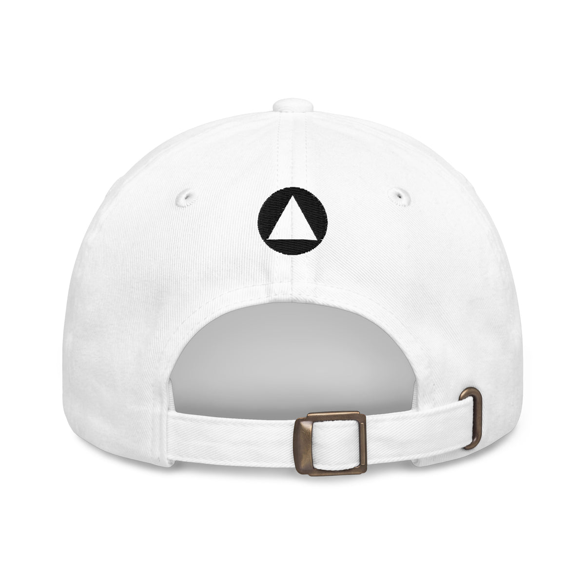 White baseball cap shown from the back, featuring the FormFD logo with a white inverted triangle on the back panel and an adjustable strap with a metal buckle.