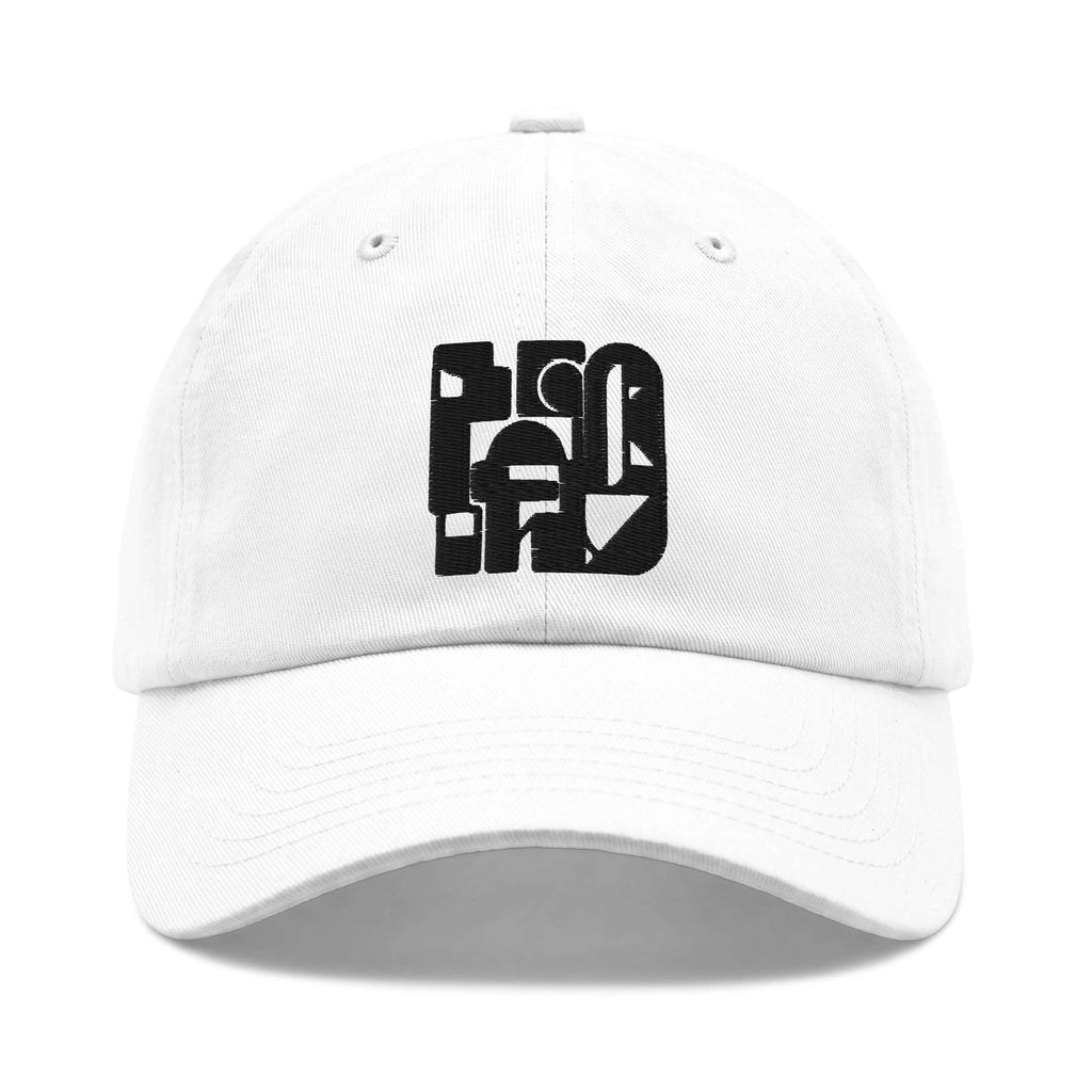 A white baseball cap with a black geometric logo on the front, photographed against a clean white background.