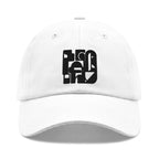 A white baseball cap with a black geometric logo on the front, photographed against a clean white background.