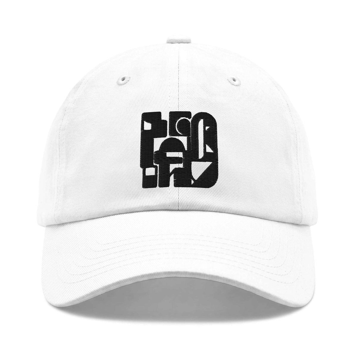 A white baseball cap with a black geometric logo on the front, photographed against a clean white background.