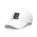 A white baseball cap with a black graphic logo on the front, displayed on a clean white background.