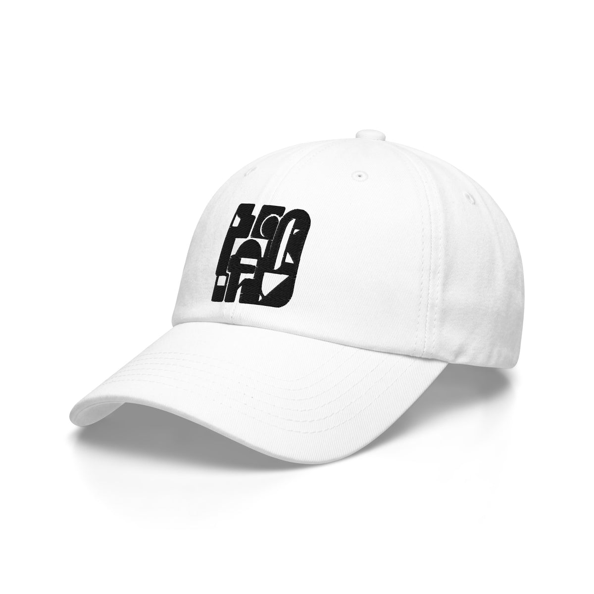 A white baseball cap with a black graphic logo on the front, displayed on a clean white background.