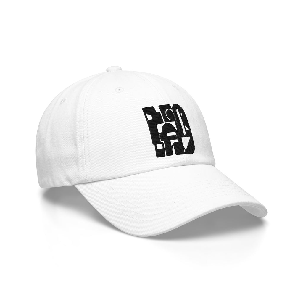 A white baseball cap with a black stylized graphic logo on the front, displayed on a clean white background.