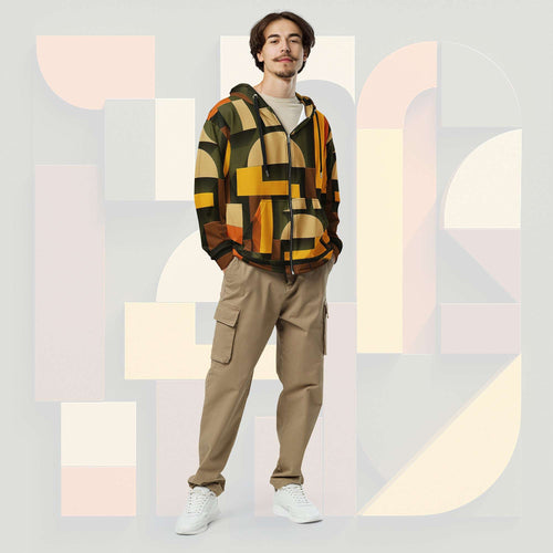 Male model wearing Form Finding Design Men’s Urban Utility Hoodie (No.04), front full-body—earth-tone geometric print zip hoodie with black drawstrings, styled with tan cargo trousers and white trainers, minimal architectural studio backdrop.