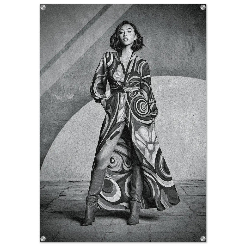 A black and white fashion photograph print featuring a woman wearing a long, flowing patterned coat and tall boots, posed against a textured architectural background.