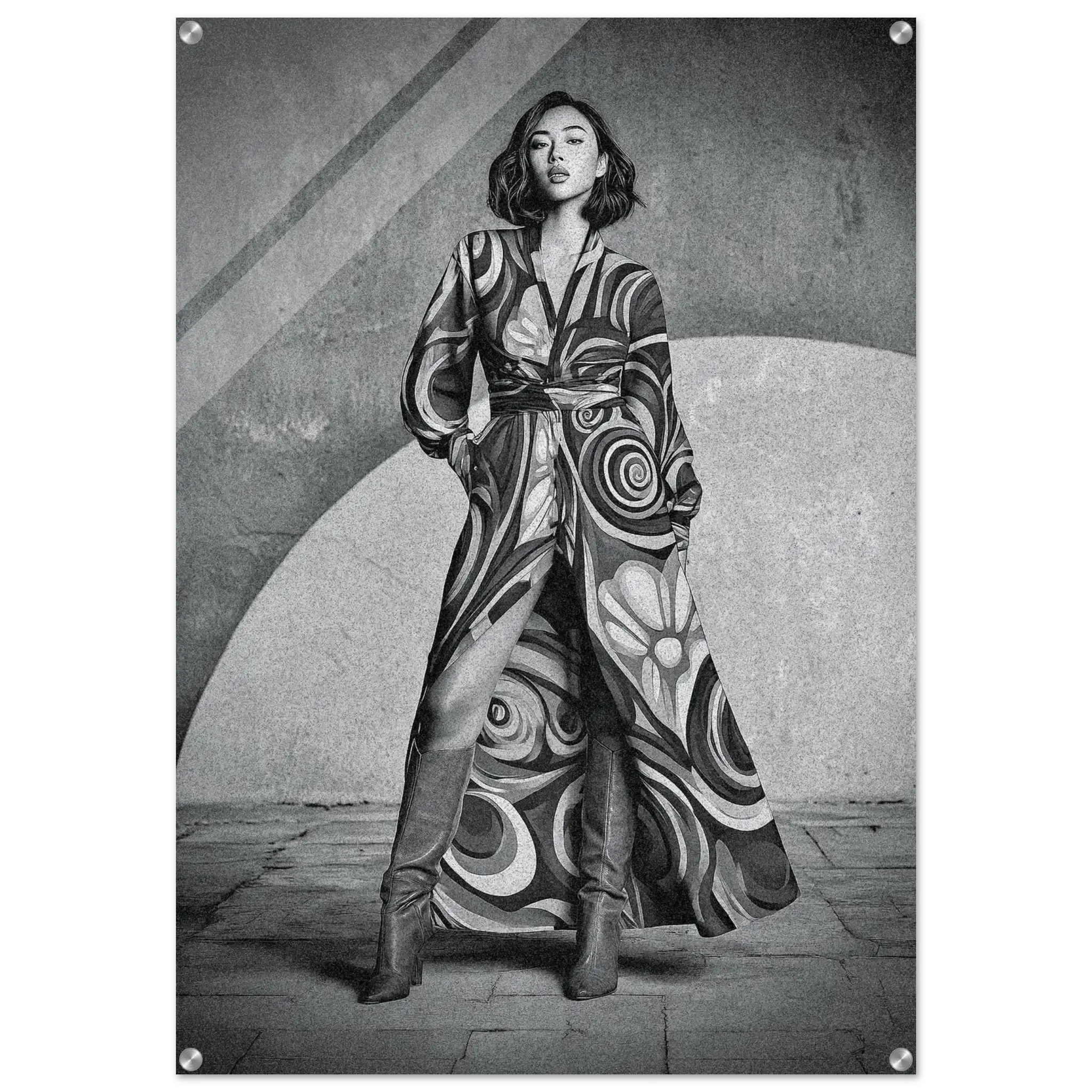 A black and white fashion photograph print featuring a woman wearing a long, flowing patterned coat and tall boots, posed against a textured architectural background.