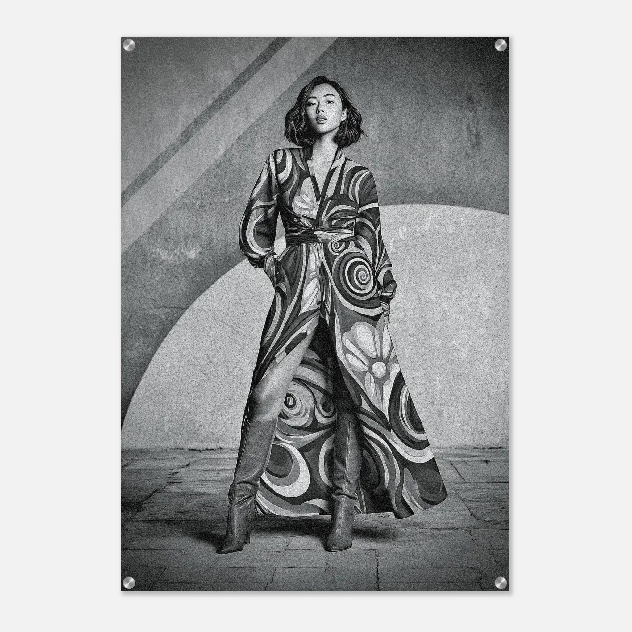 A black and white fashion poster featuring a woman wearing a long, flowing patterned coat and tall boots, standing against a textured geometric wall. The poster is shown hanging on a light gray wall with visible metal mounting hardware in the corners.