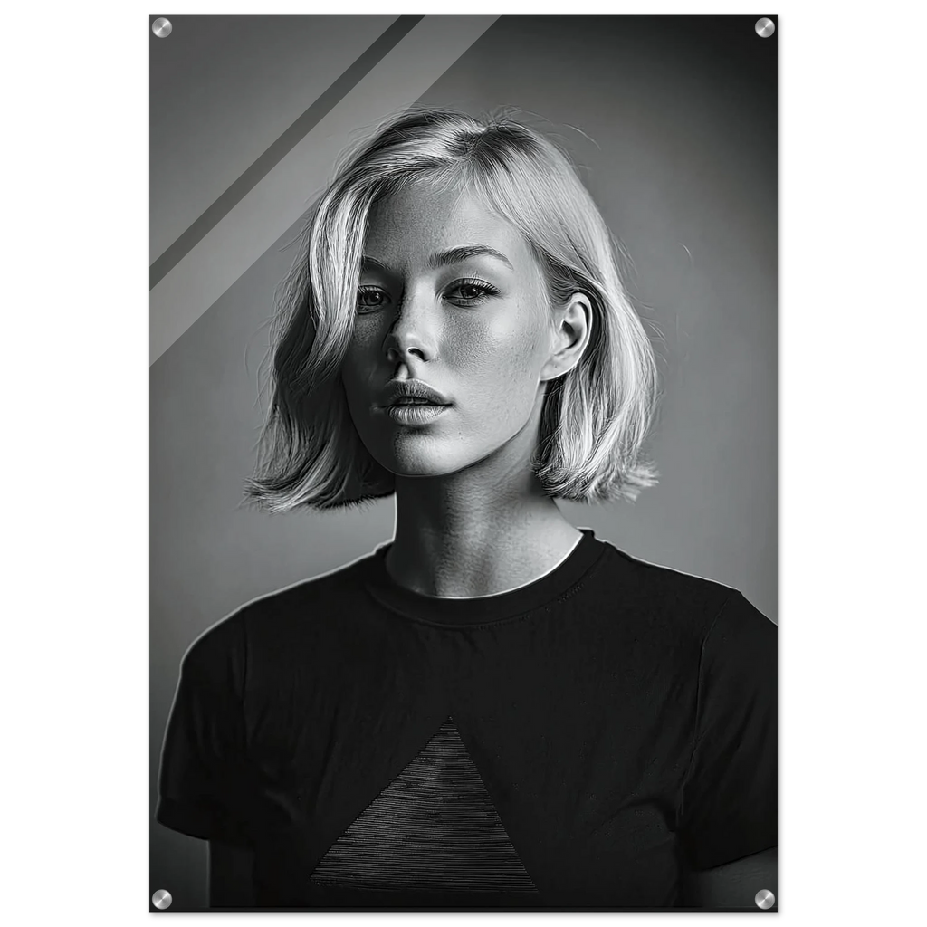 A black and white portrait poster of a woman with short blonde hair wearing a dark t-shirt, displayed as a wall art print with visible mounting holes in the corners.