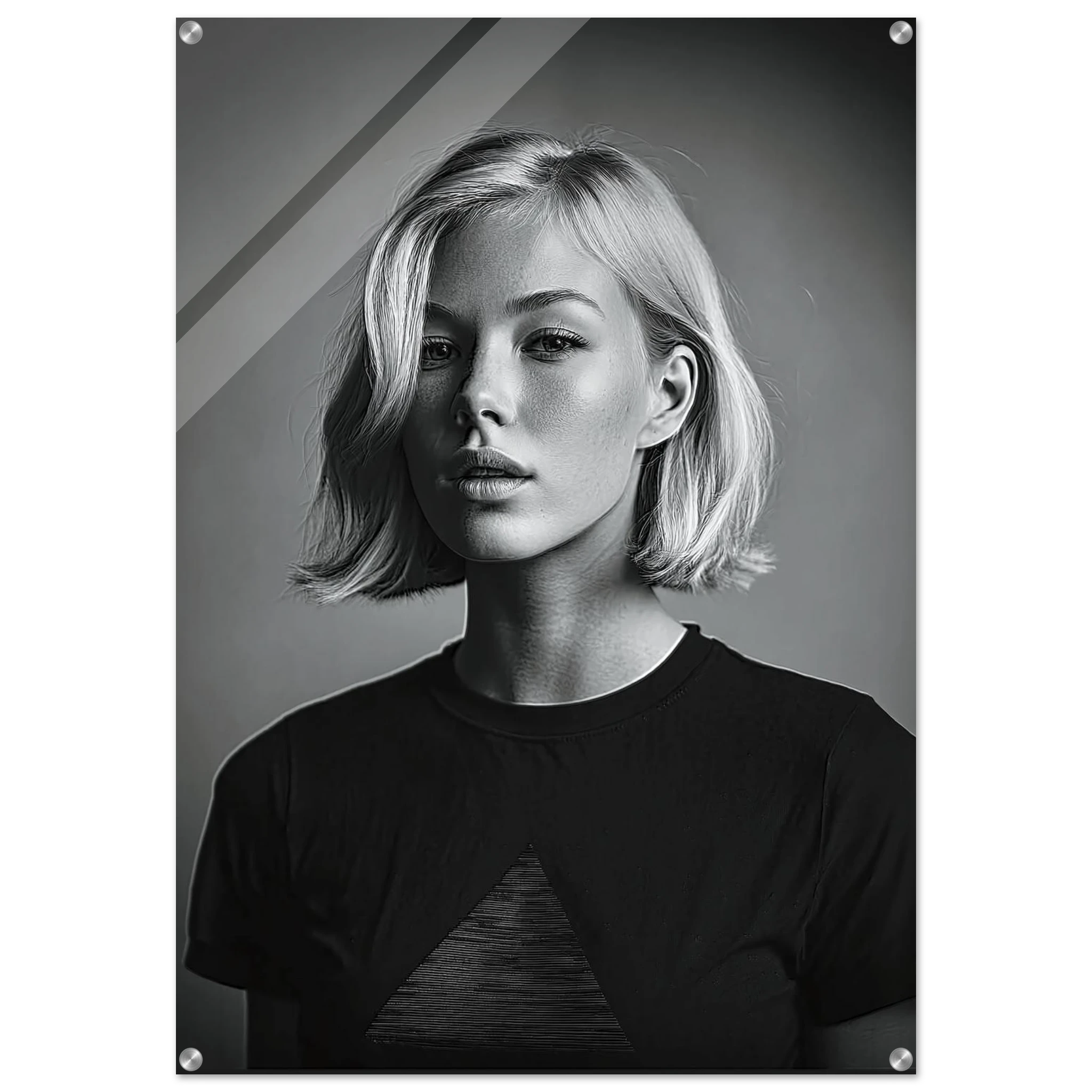 A black and white portrait poster of a woman with short blonde hair wearing a dark t-shirt, displayed as a wall art print with visible mounting holes in the corners.