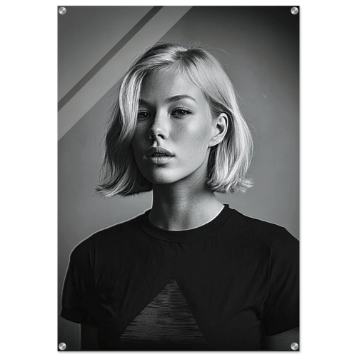 A black and white portrait poster of a woman with short blonde hair wearing a dark t-shirt, displayed as a wall art print with visible mounting holes in the corners.