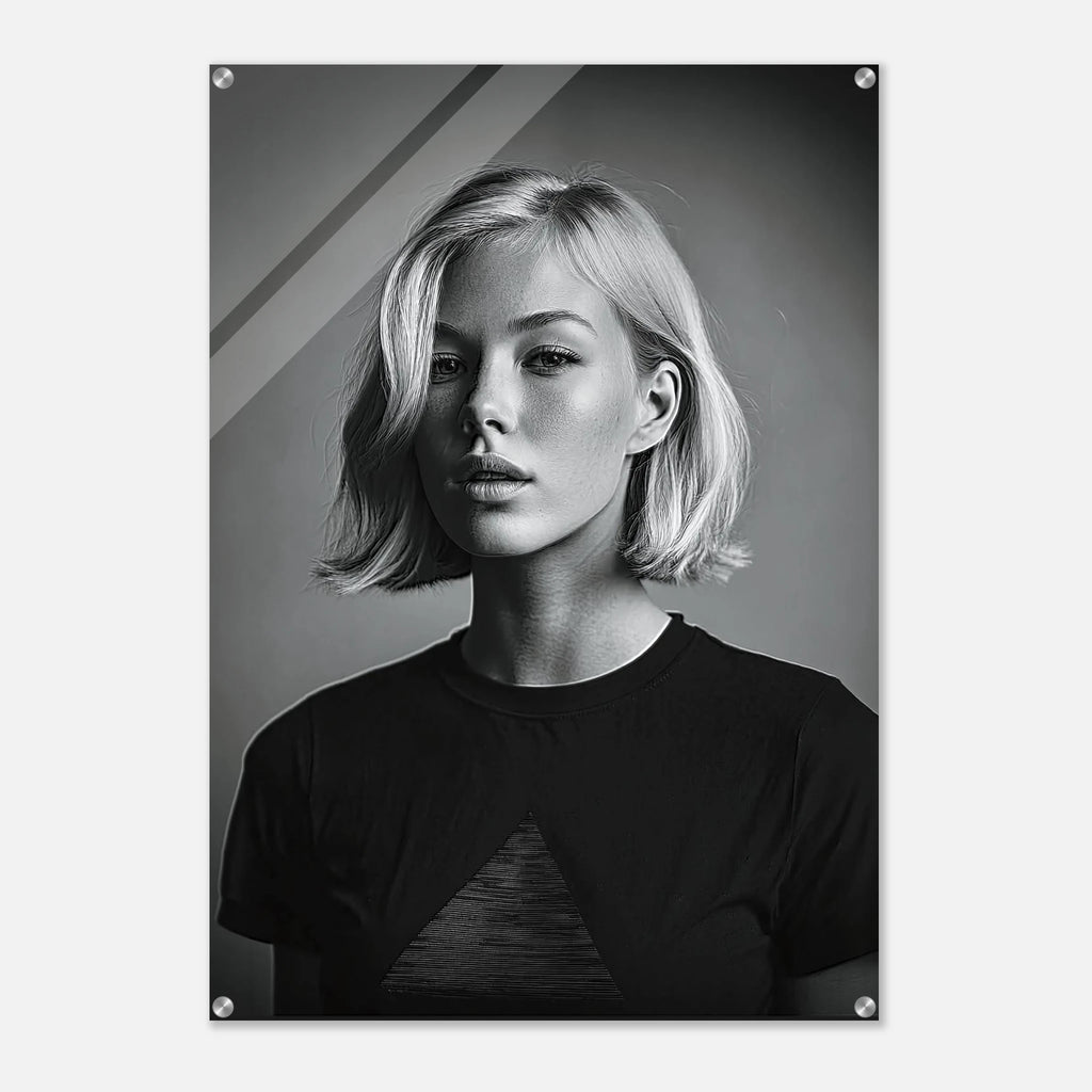 A black and white portrait print of a woman with short blonde hair wearing a dark T-shirt, shown as a vertical poster with visible mounting holes in the corners against a light gray background.