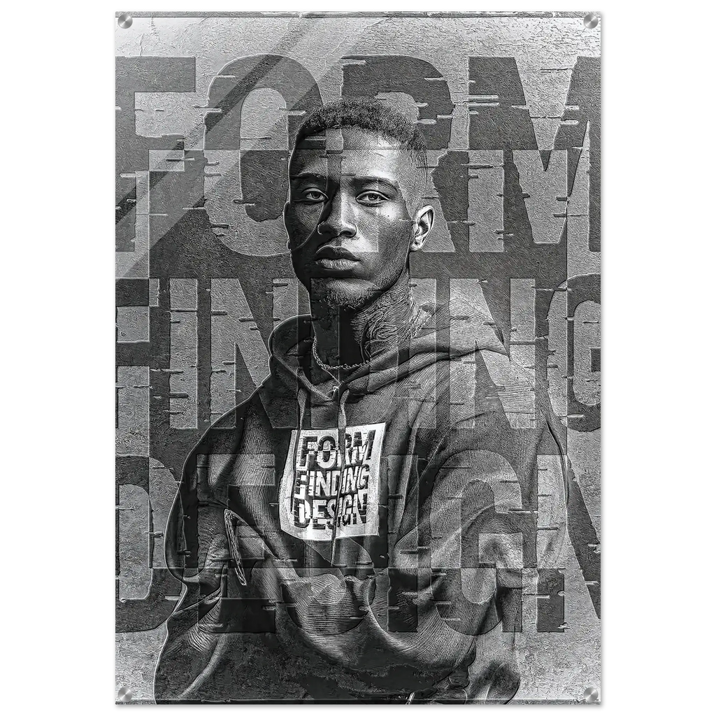 A square wall art print featuring a black-and-white portrait of a man wearing a hoodie with the words 'FORM FINDING DESIGN' overlaid with large, glitch-style typography. The print is shown against a light gray background with subtle drop shadowing.
