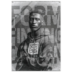 A square wall art print featuring a black-and-white portrait of a man wearing a hoodie with the words 'FORM FINDING DESIGN' overlaid with large, glitch-style typography. The print is shown against a light gray background with subtle drop shadowing.