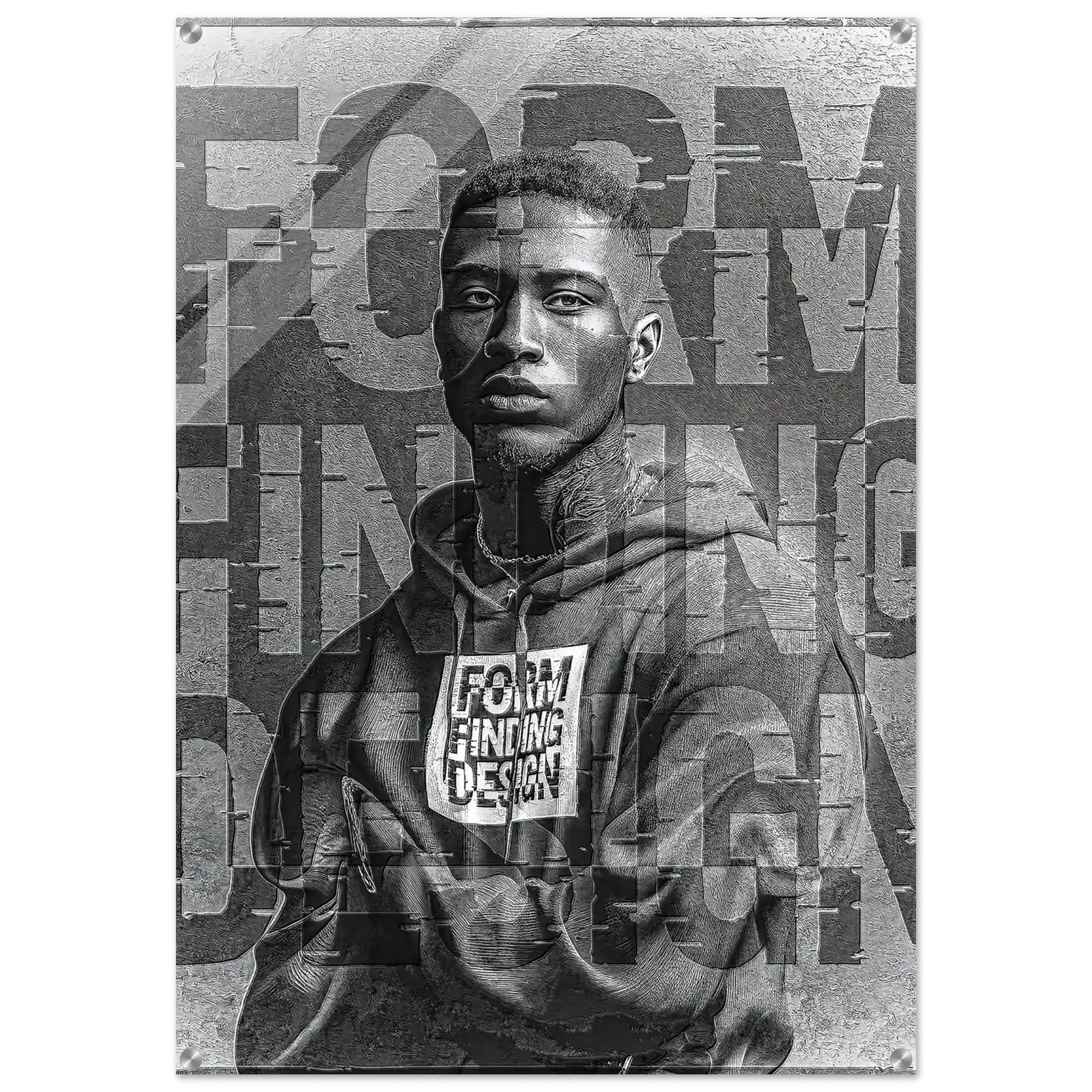 A square wall art print featuring a black-and-white portrait of a man wearing a hoodie with the words 'FORM FINDING DESIGN' overlaid with large, glitch-style typography. The print is shown against a light gray background with subtle drop shadowing.