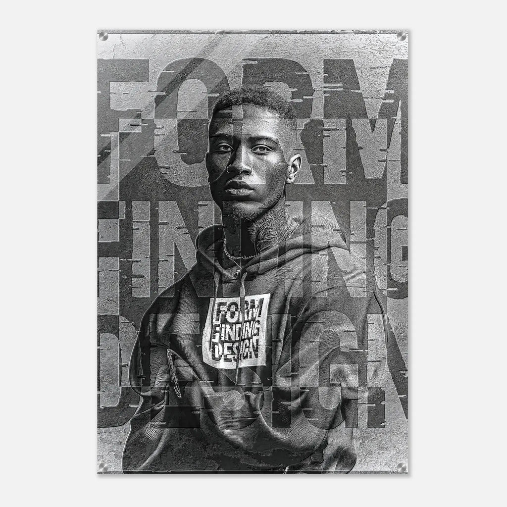 A black and white metal wall art print featuring a portrait of a man wearing a hoodie with the text 'FORM FINDING DESIGN' overlaid with large distressed typography.