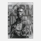 A black and white metal wall art print featuring a portrait of a man wearing a hoodie with the text 'FORM FINDING DESIGN' overlaid with large distressed typography.