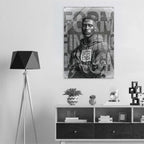 A black and white poster print of a young man wearing a hoodie with the text 'FORM FINDING DESIGN' displayed on a wall above a modern white and dark wood console shelf, next to a black tripod floor lamp.