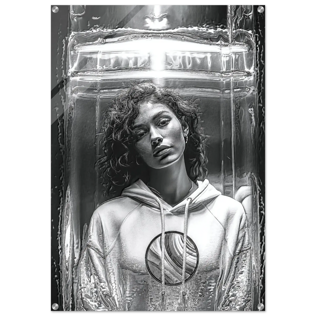 A black and white art print or poster featuring a portrait of a woman in a hoodie, depicted inside a transparent, futuristic glass-like structure. The artwork is shown as a rectangular print with rounded corners and visible mounting hardware.