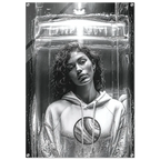 A black and white art print or poster featuring a portrait of a woman in a hoodie, depicted inside a transparent, futuristic glass-like structure. The artwork is shown as a rectangular print with rounded corners and visible mounting hardware.