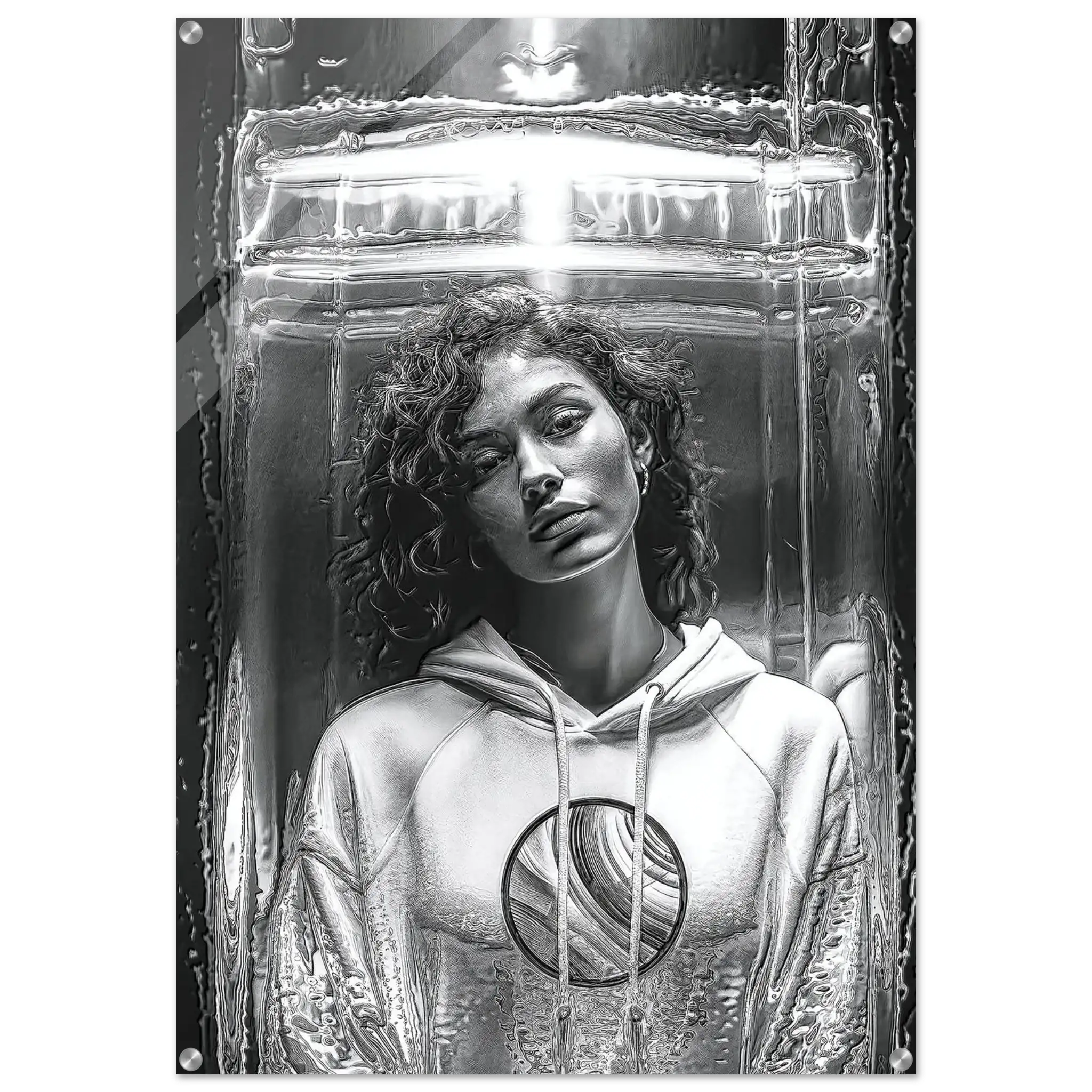 A black and white art print or poster featuring a portrait of a woman in a hoodie, depicted inside a transparent, futuristic glass-like structure. The artwork is shown as a rectangular print with rounded corners and visible mounting hardware.