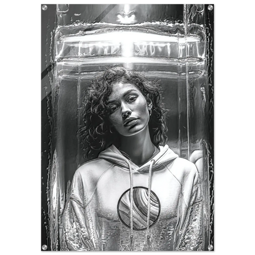 A black and white art print or poster featuring a portrait of a woman in a hoodie, depicted inside a transparent, futuristic glass-like structure. The artwork is shown as a rectangular print with rounded corners and visible mounting hardware.