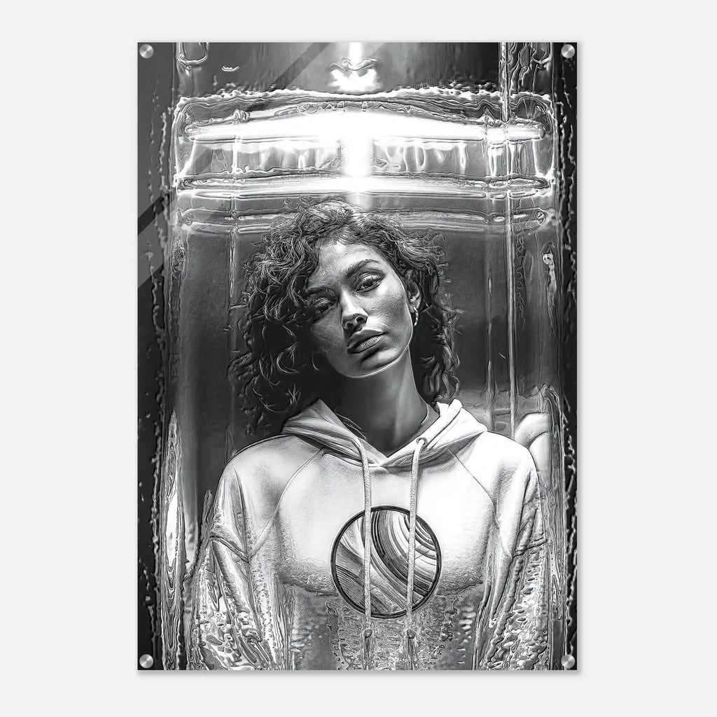 A black and white art print or poster featuring a portrait of a woman with curly hair inside a futuristic, metallic, glass-like structure, shown against a light gray background.