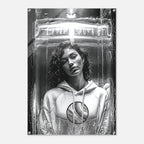 A black and white art print or poster featuring a portrait of a woman with curly hair inside a futuristic, metallic, glass-like structure, shown against a light gray background.