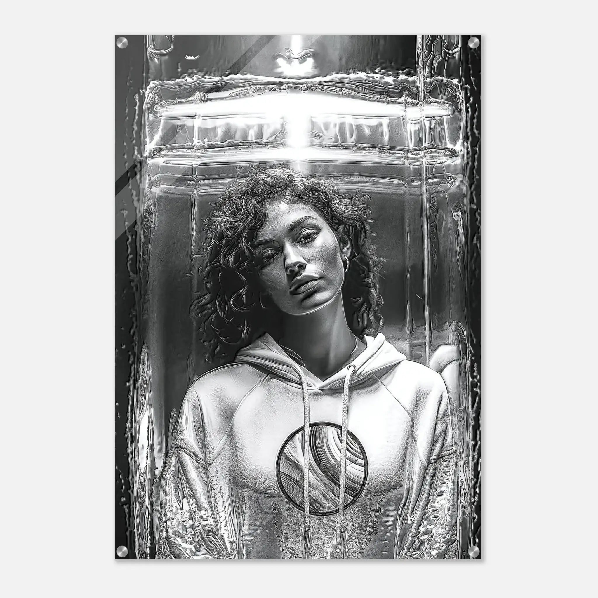 A black and white art print or poster featuring a portrait of a woman with curly hair inside a futuristic, metallic, glass-like structure, shown against a light gray background.