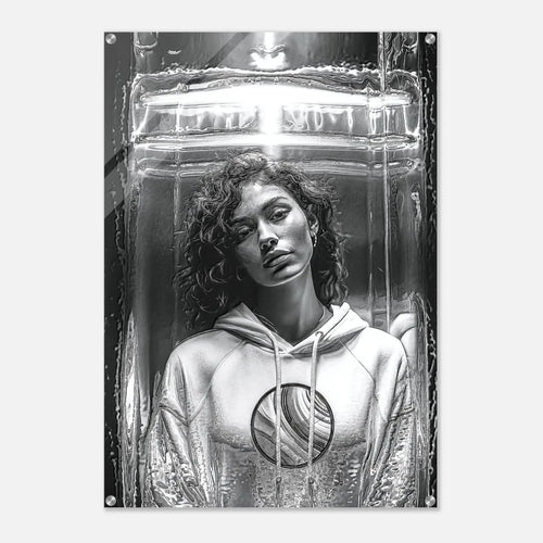 A black and white art print or poster featuring a portrait of a woman with curly hair inside a futuristic, metallic, glass-like structure, shown against a light gray background.