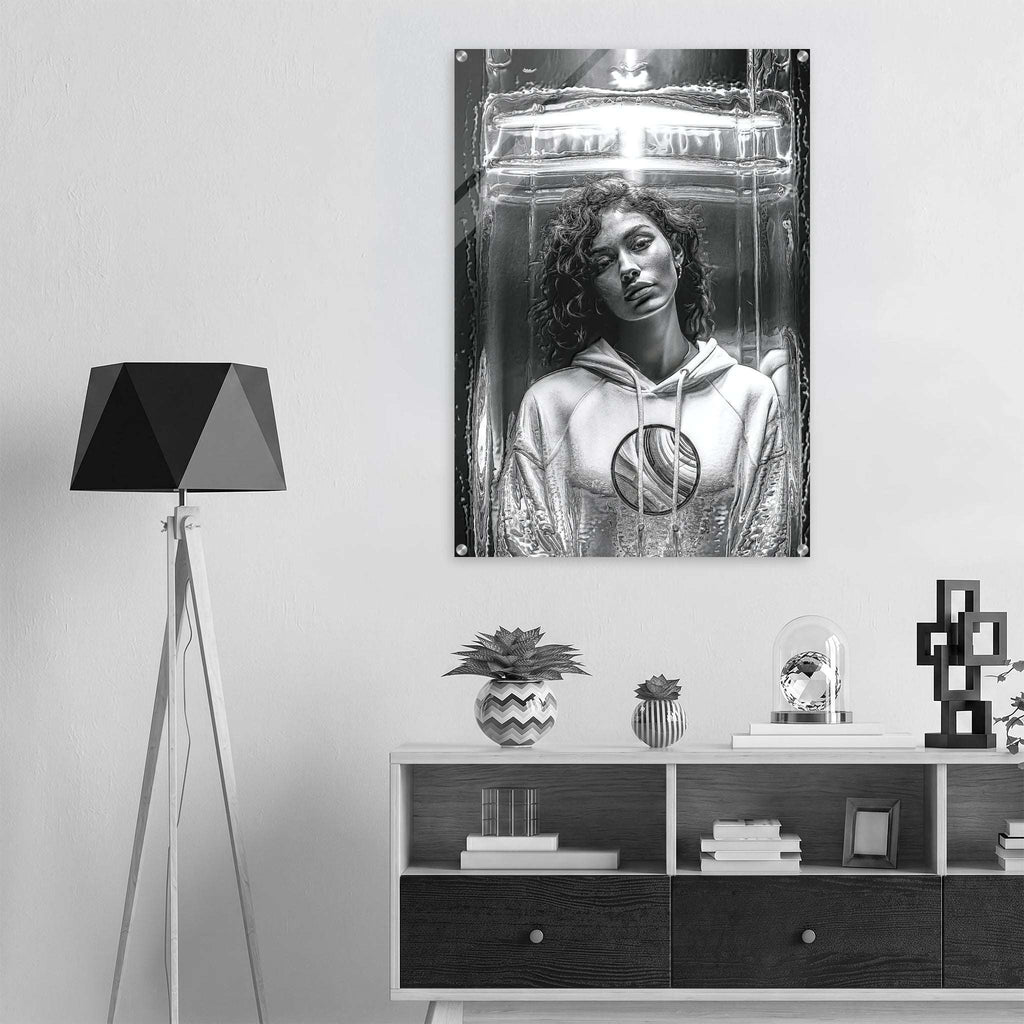 A black and white poster print of a woman in a futuristic helmet hanging on a light gray wall above a dark wood console table, styled in a modern room setting with a tripod floor lamp.