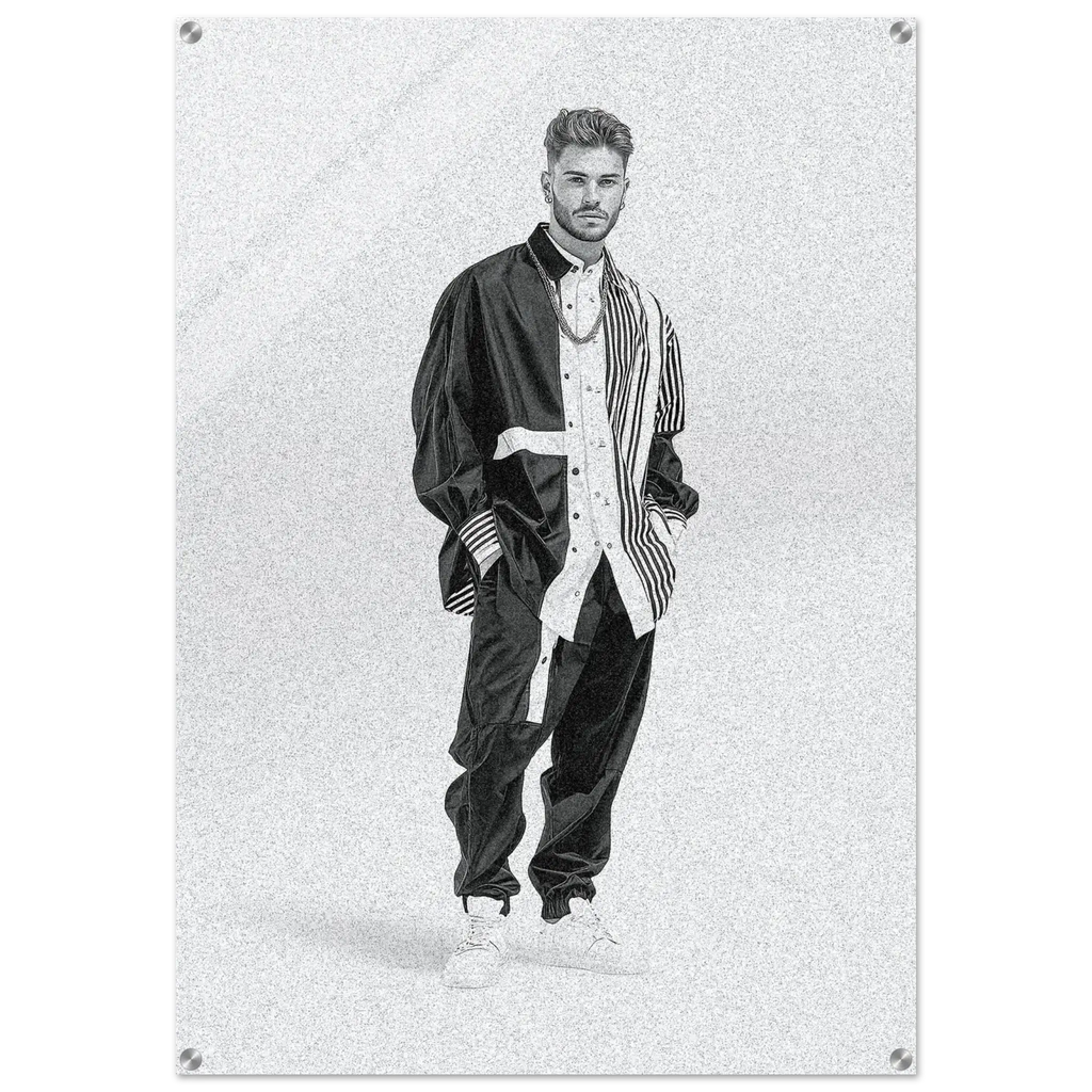 A vertical rectangular wall art print or poster showing a black-and-white fashion portrait of a man wearing a dark jacket, striped shirt, and loose pants, with visible metal mounting screws in the corners against a white background.