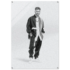 A vertical rectangular wall art print or poster showing a black-and-white fashion portrait of a man wearing a dark jacket, striped shirt, and loose pants, with visible metal mounting screws in the corners against a white background.