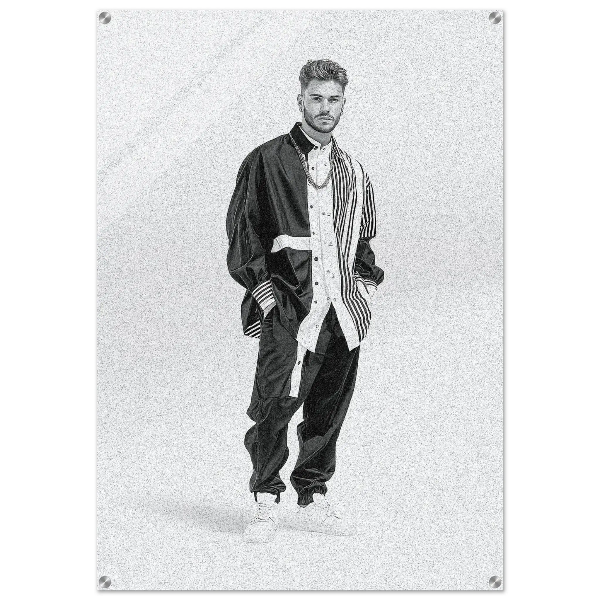 A vertical rectangular wall art print or poster showing a black-and-white fashion portrait of a man wearing a dark jacket, striped shirt, and loose pants, with visible metal mounting screws in the corners against a white background.
