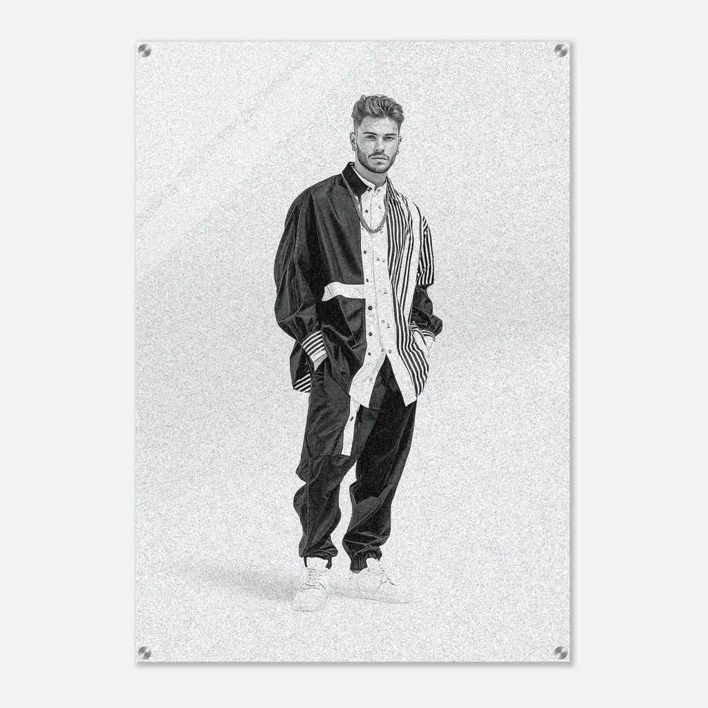 A black and white art print featuring a stylized portrait of a man in a 90s fashion look, displayed on a textured white wall with visible mounting screws in the corners.