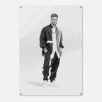 A black and white art print featuring a stylized portrait of a man in a 90s fashion look, displayed on a textured white wall with visible mounting screws in the corners.