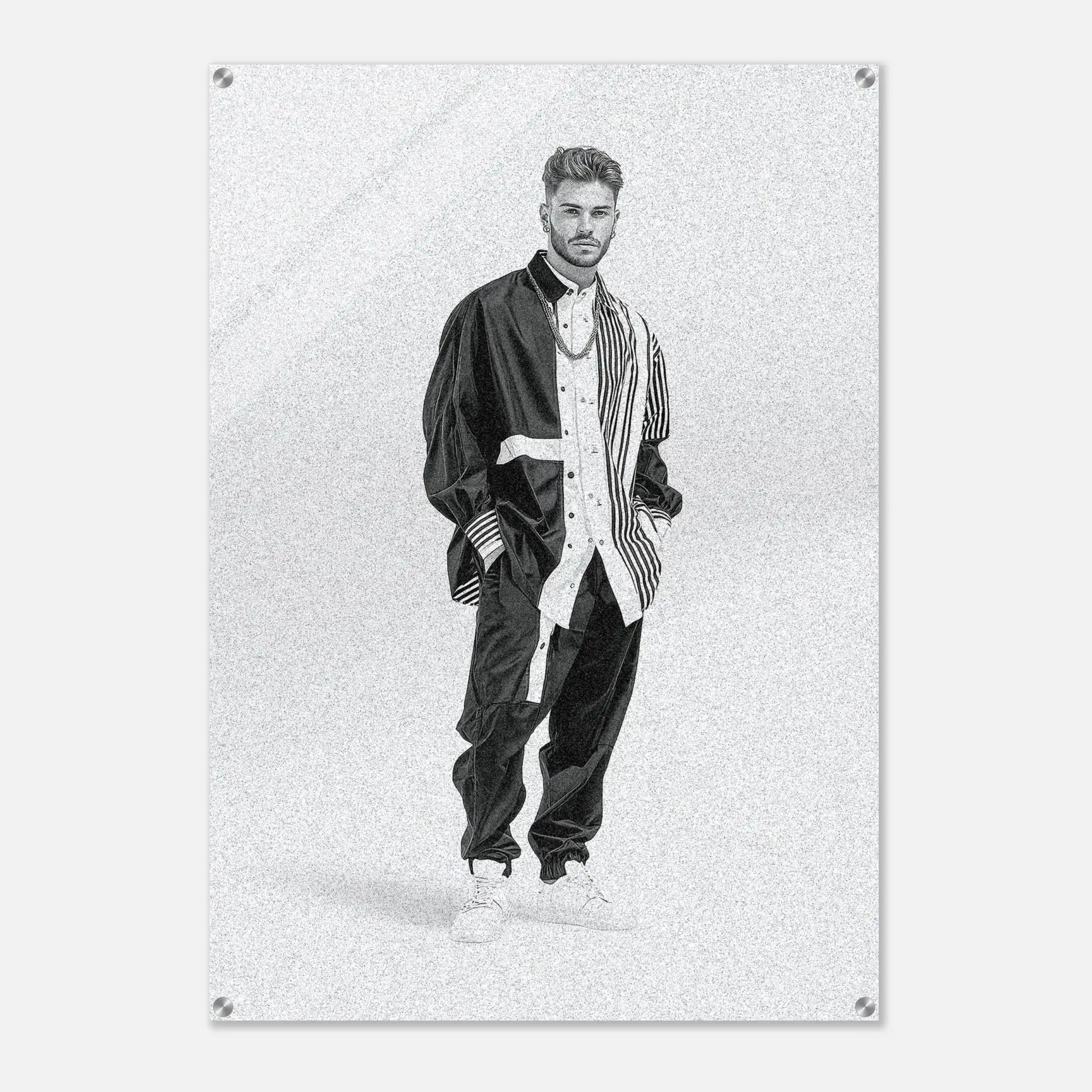 A black and white art print featuring a stylized portrait of a man in a 90s fashion look, displayed on a textured white wall with visible mounting screws in the corners.